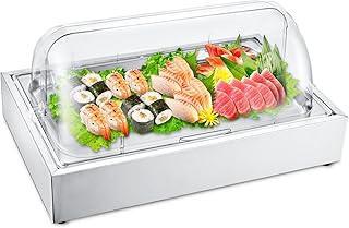 Ice Food Serving Display Tray, Cold Serving Plate with Clear Roll Top, 5QT Stainless Steel Food Serving Tray, Cooling Food Dishes Display Plate for Home, Buffet, Restaurant, Hotel and Party