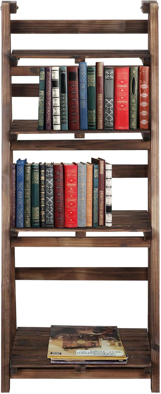 Yaheetech Foldable Ladder Shelves, Decorative Wall-Leaning Home Office Storage Rack Shelves, Display Shelving for Livingroom Bedroom Balcony, Fir Wood Brown, Simple Assembly 4 Tier