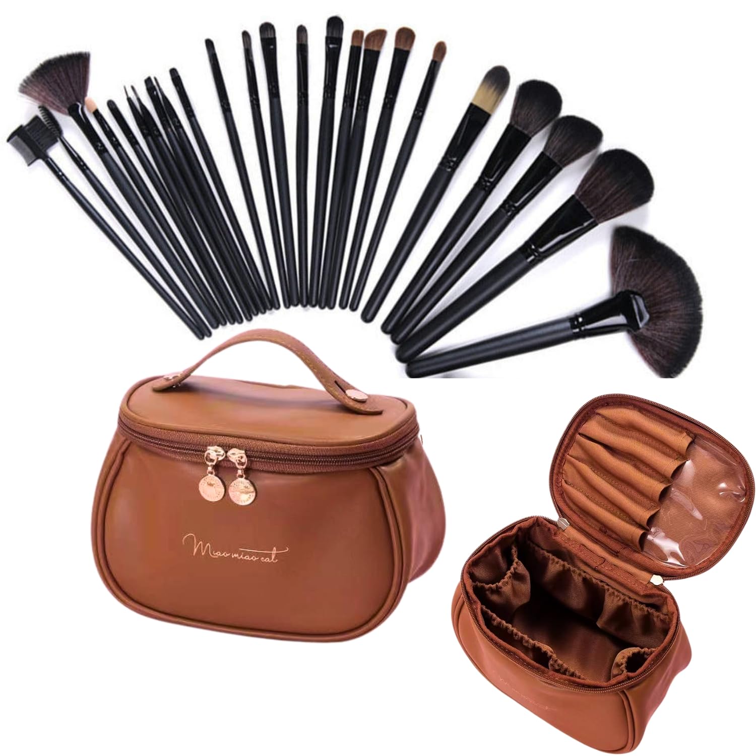 Set di 24 pennelli da trucco professionali con custodia da viaggio in pelle PU di alta qualità, morbide setole vegane, kit di pennelli per trucco viso e occhi, per donne e ragazze, borsa compatta