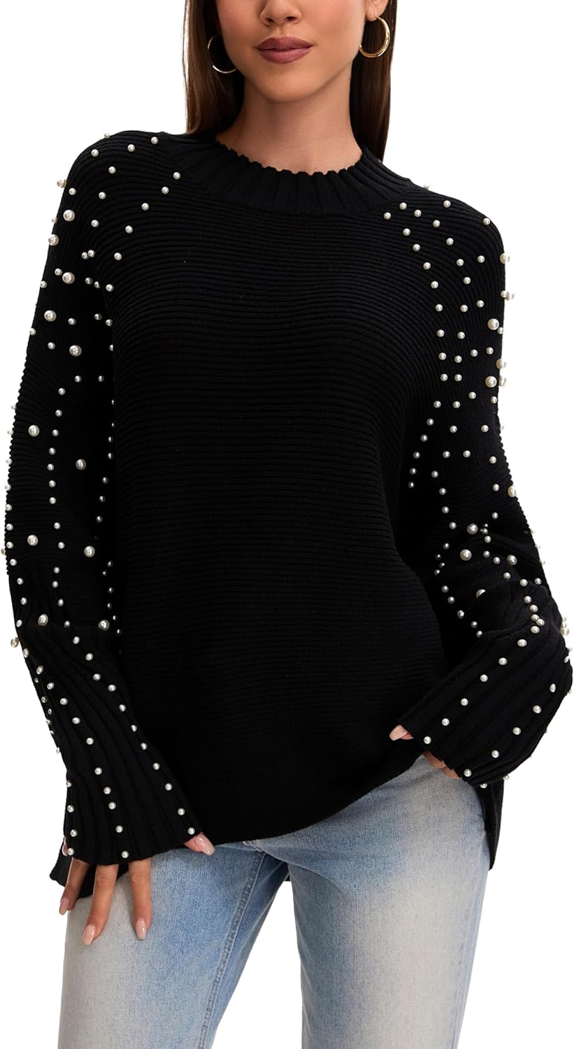 Froggirl Women's Chunky Knit Oversized Sweater Drop Shoulder Long Sleeve Ribbed Crewneck Pullover with Pearls