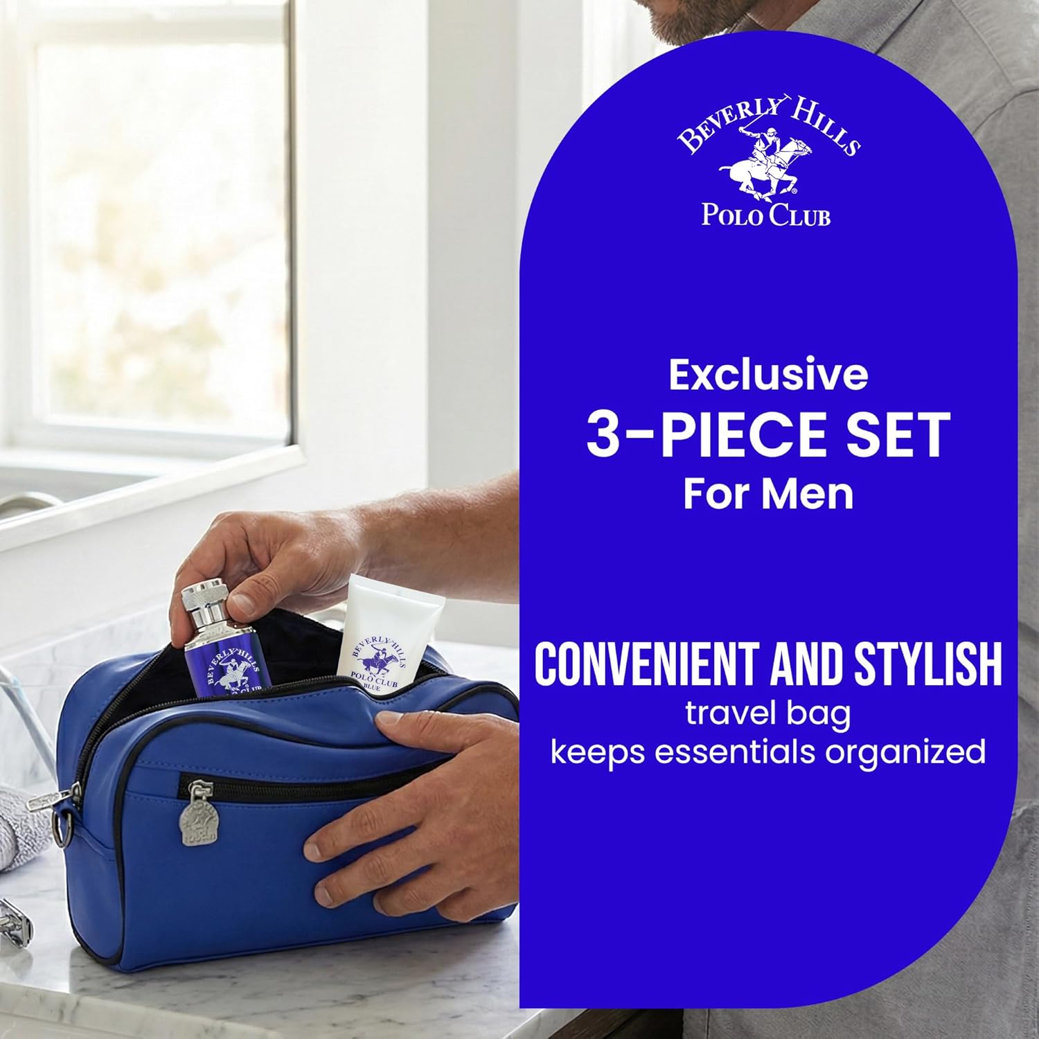 Beverly Hills Polo Club Blue Men's Luxury Fragrance & Grooming Gift Set | 30ml EDT, 75ml Energizing Body Wash, Premium Travel Toiletry Bag | Long-Lasting Fresh Scent, Sophisticated Style for Him
