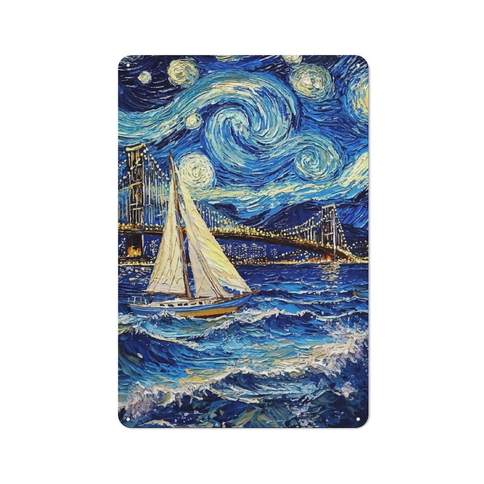 Junmoney Starry Night Sailboat Tin Wall Plaque 30X20cm With For Living Room Or Hallway, For Garage, Workshop And Man Cave Decoration