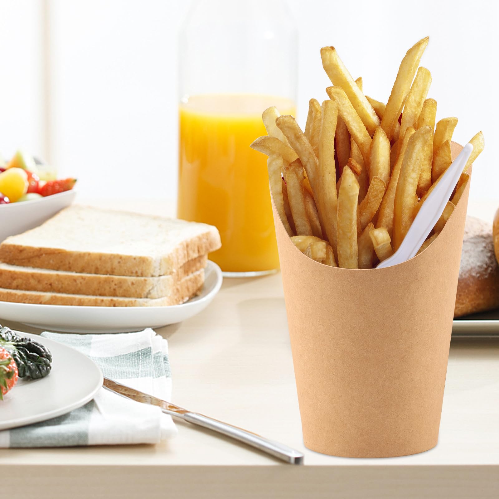 Lot de 100 gobelets à frites coupe à frites en papier kraft marron résistant à la graisse porte frites pour collation, chips, popcorn, crème glacée, apéritif - 500 ml