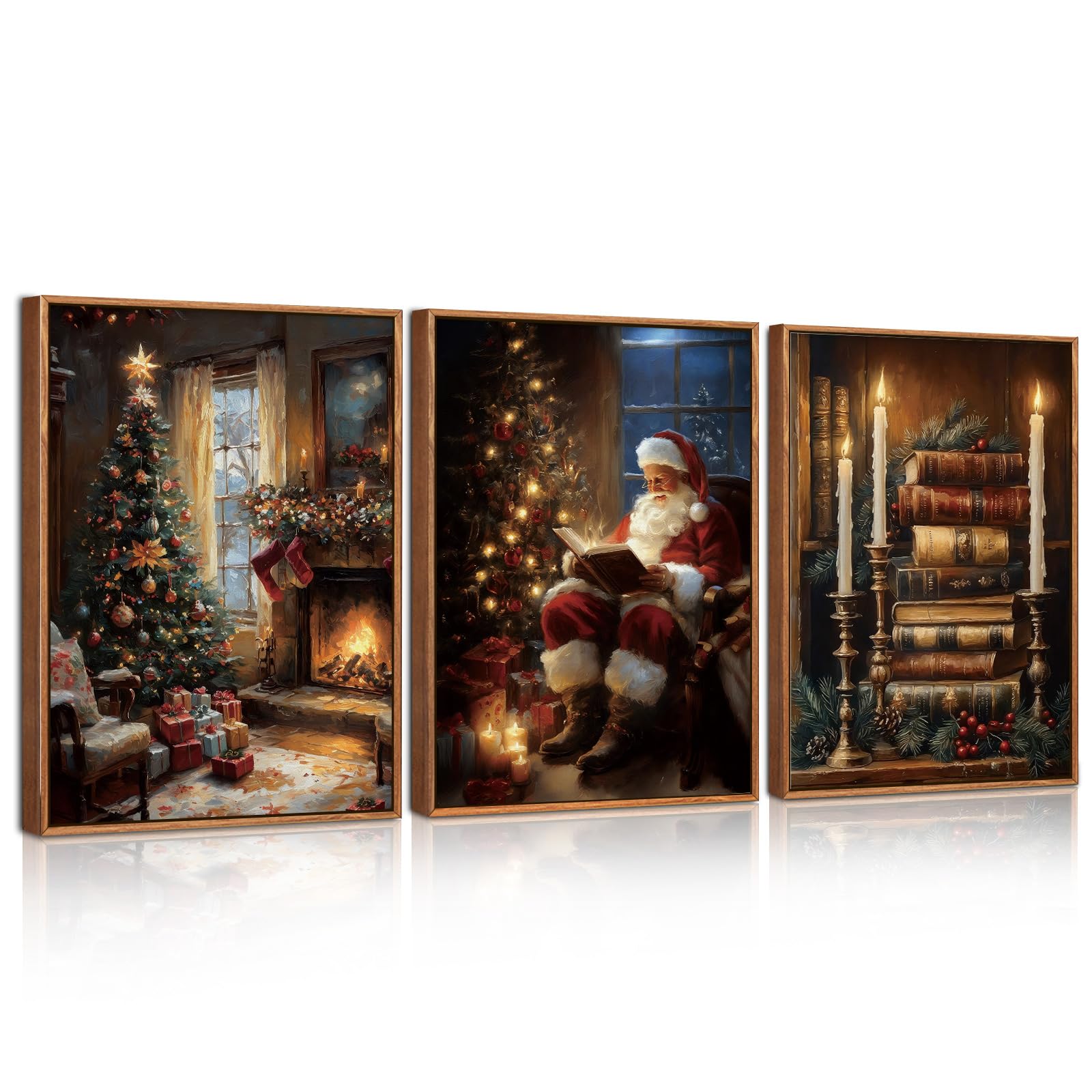 ANHUIB Set of 3 Christmas Canvas Wall Art Framed Santa Pictures for Wall Xmas Canvas Framed Paintings Vintage Christmas Tree Artwork Xmas Artwork for Living Room Bedroom Hallway Decoration 30x40cm