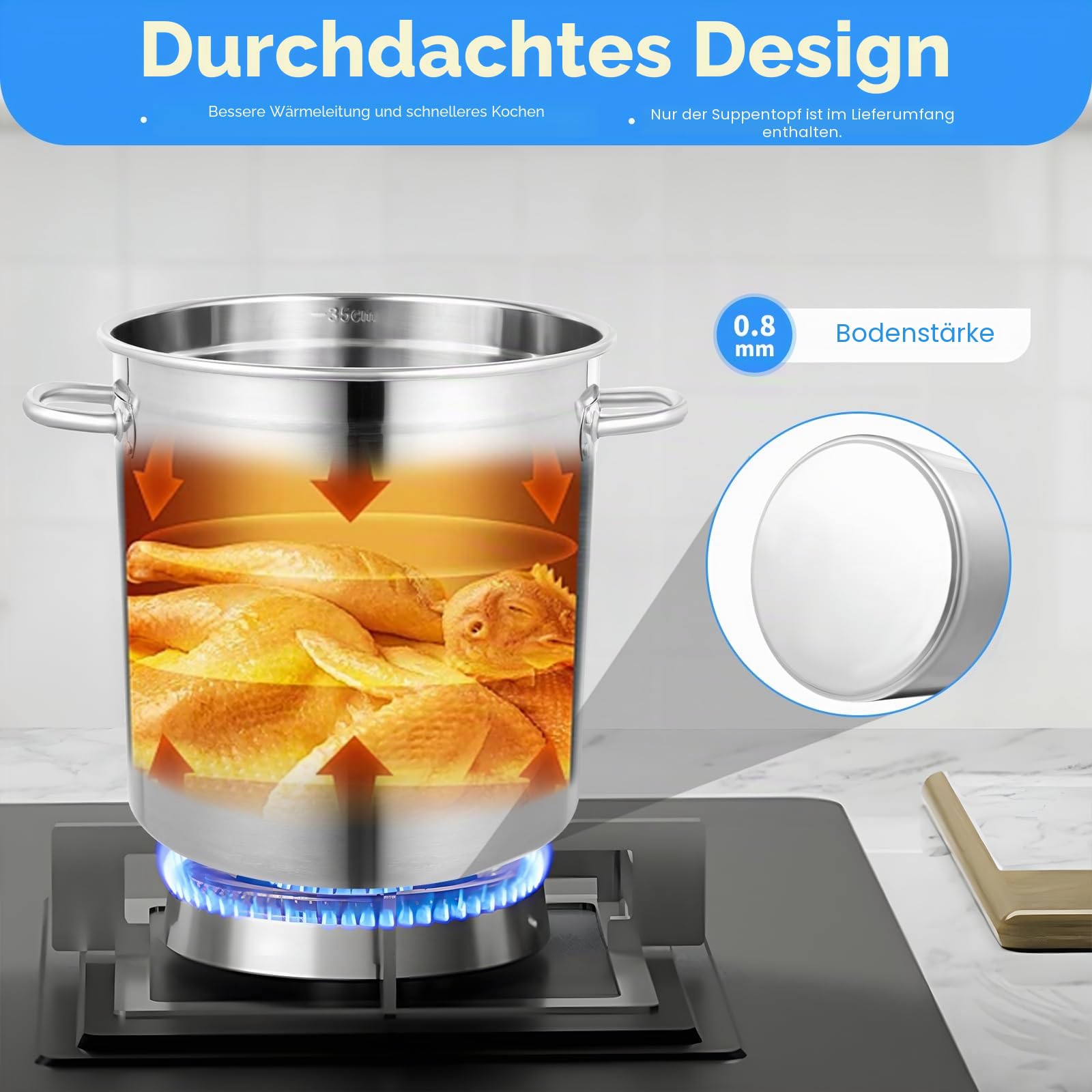 35L Vorratttopf mit Deckel, große Töpfe zum Kochen Edelstahl Stockpots Deep Cooking Topf Canning Kochgeschirr Heavy Duty Induktionssuppe Topf