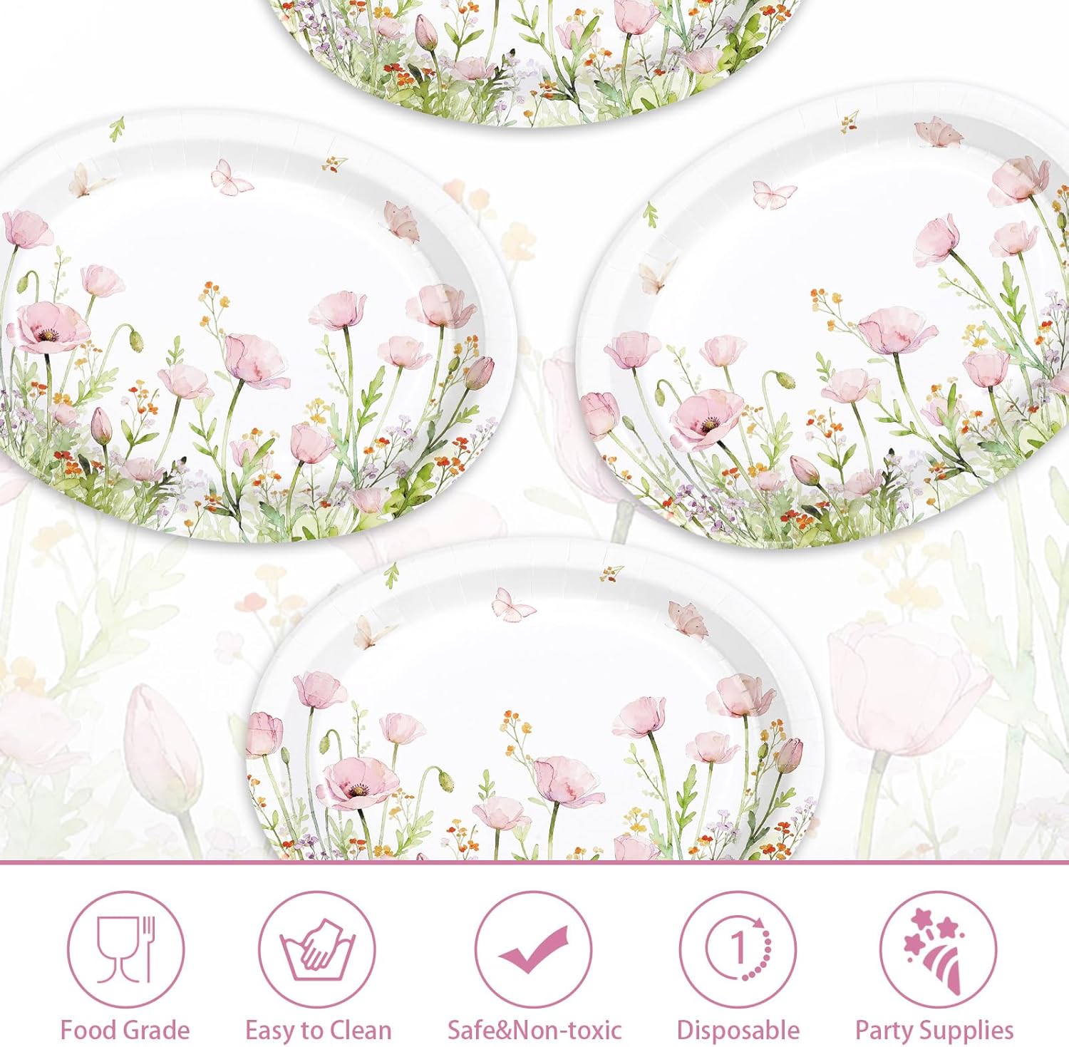 50Pcs Wildflower Oval Paper Plates 10" x 12" Large Disposable Pink Green Wildflower Heavy Duty Paper Platters Spring Butterfly Flowers Dessert Plates for Wedding Baby Shower Birthday Party Supplies