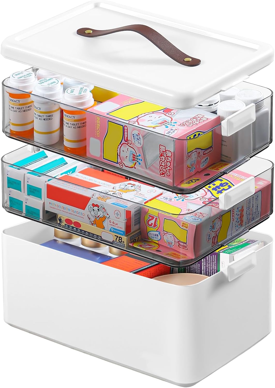 Homaigie Extra Tall 3-Tier Medicine Cabinet Organizer for Upright Medicine Bottles Organizer, Portable Medicine Storage Box with Leather Handle, Empty First Aid Kit Container for Home, Travel
