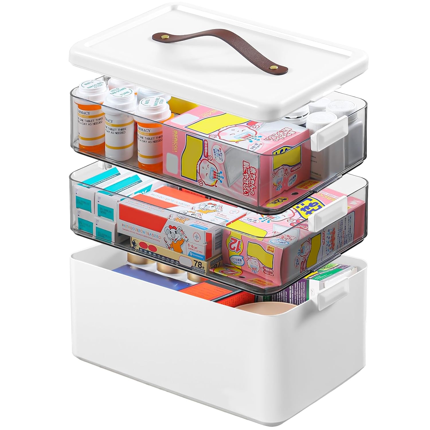 Extra Tall 3-Tier Medicine Cabinet Organizer for Upright Medicine Bottles Organizer Portable Medicine Storage Box with Leather Handle