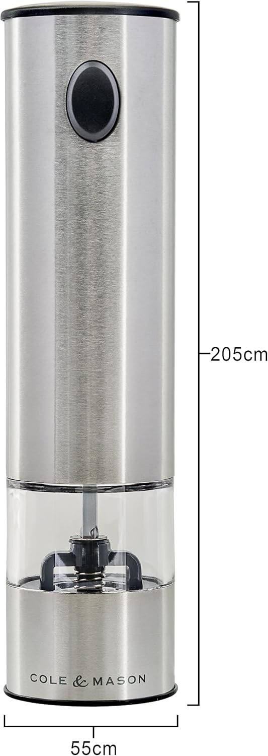Cole & Mason Battersea Electronic Salt & Pepper Mill - One-Button Salt & Pepper Grinder - Refillable & Adjustable Salt & Pepper Shakers - Kitchen Accessories - Stainless Steel - 1 Pack