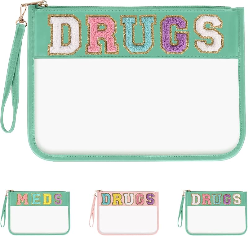 Necessaire transparente Iqimott de nylon com zíper e letras em chenille, Verde, DRUGS