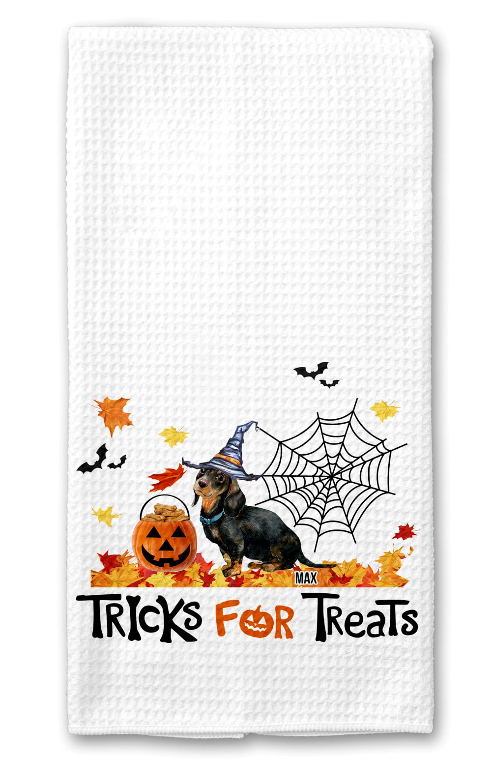 Studio 9Thirty3 Tricks for Treats Dachshund Halloween Kitchen Waffle Towel, Dachshund Fall Decor (White Towel, Black Brown with Name)