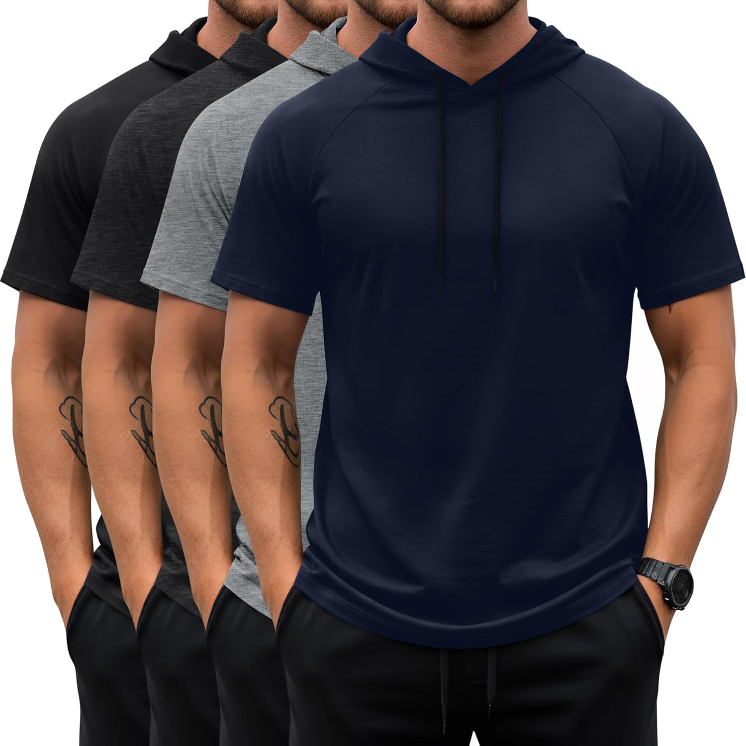 4 Pack Men's Big and Tall Hoodies Short Sleeve Workout T Shirts Athletic Running Pullover Sweatshirt