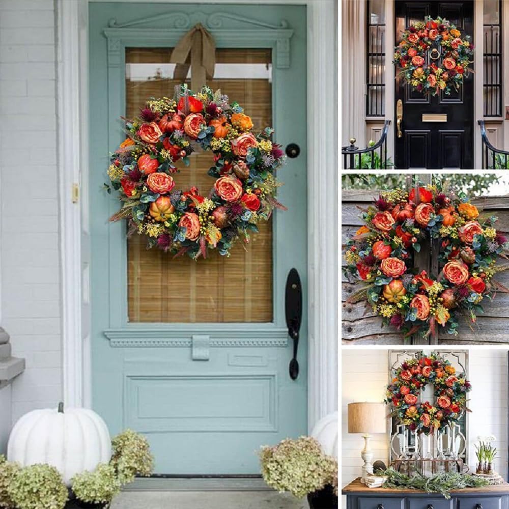 Couronne de porte d'entrée d'automne rustique avec citrouilles, baies et feuilles d'érable, couronne de récolte d'automne pour extérieur et intérieur, mur, fenêtre, festival, Thanksgiving, décoration