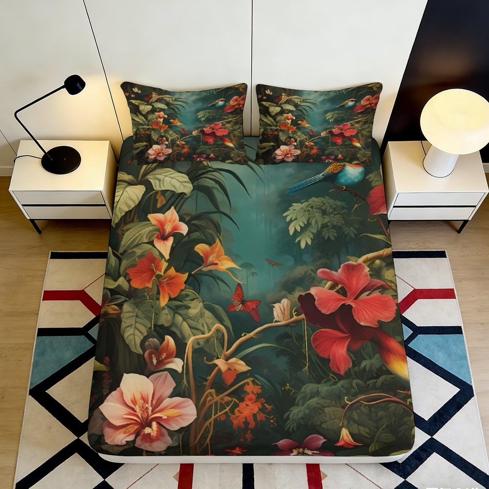 3D Printed Tropical Flowers Fitted Sheet Microfiber Soft Breathable Jungle Bird Mattress Cover for Bedroom Decor 200x200x25cm