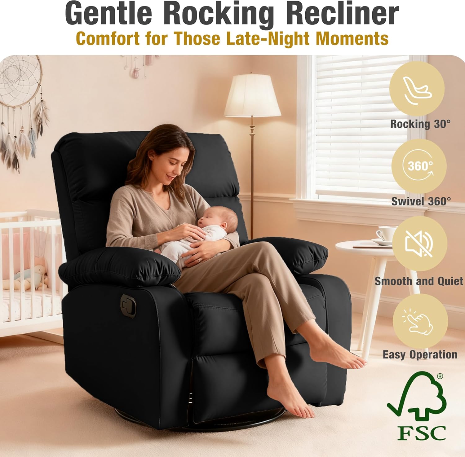 Rocking Recliner, 360° Swivel Recliner Chairs for Adults, Small Rocker Recliners for Small Spaces, Living Room, Bedroom, Nursery, RV, Black
