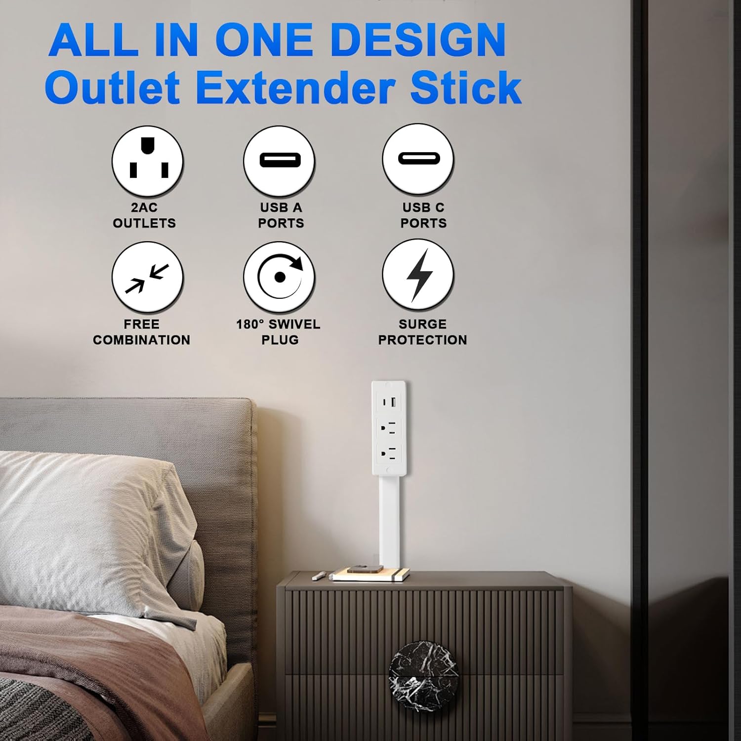 Electrical Outlet Extender Sticker, 180°Rotating Outlet Extender with USB-A, USB-C & 2 AC Outlets, Telescopic Plug Extends 17"-34" for Hard-to-Reach Outlets Behind Couches, Beds, Nightstands, Desks