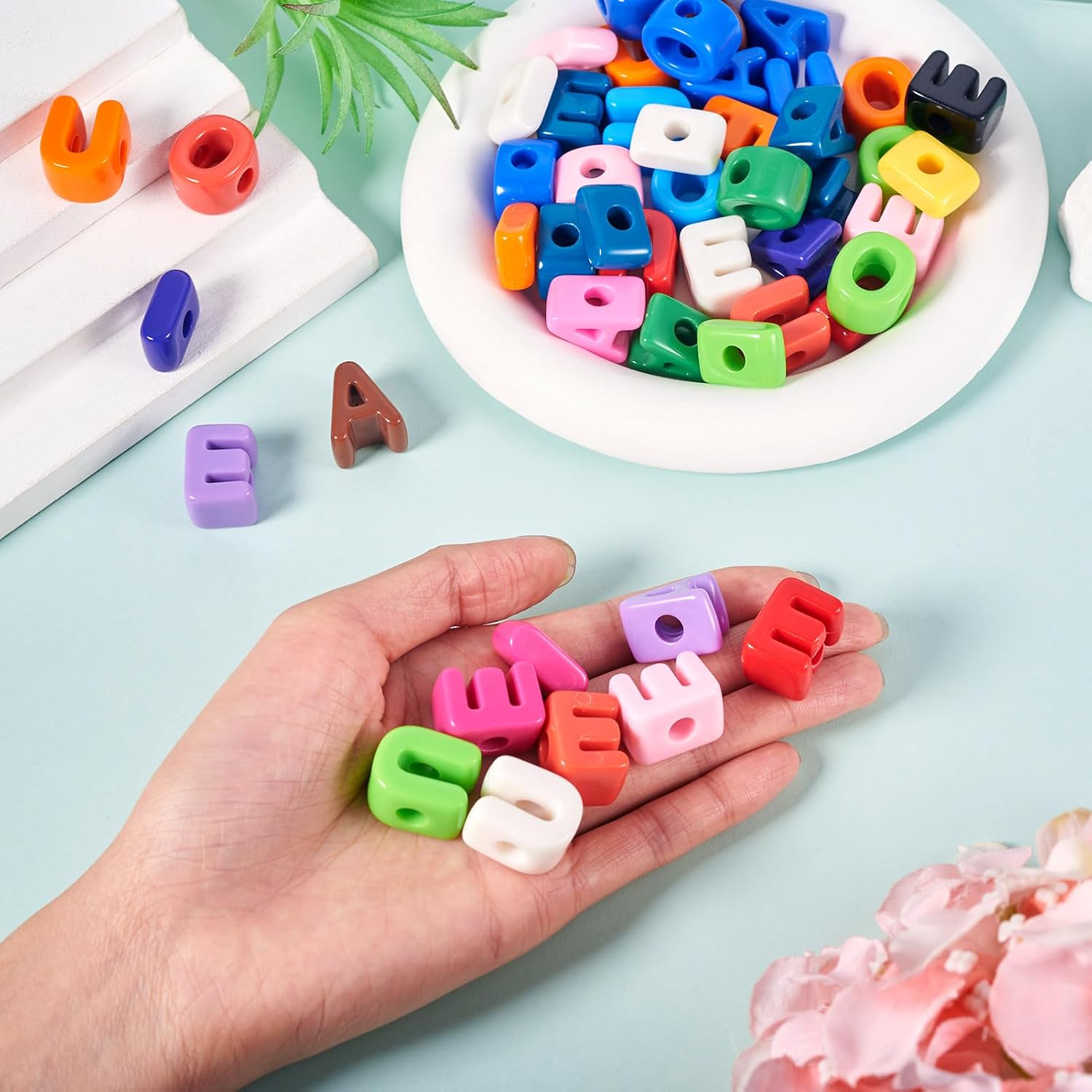 FASHEWELRY 50Pcs Large Acrylic Slide Letter Beads Candy Color Vowel Alphabet Beads 3D Initial Slider Beads with Horizontal Hole for Wristbands Bracelets Necklace Choker Jewelry Making