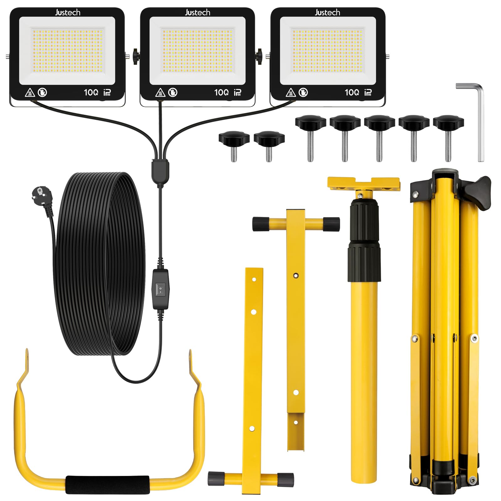 Justech Foco LED 3x 100W,Foco de Trabajo 27000LM con Trípode Telescópico y Cable de 5M,IP66 Impermeable,Luz de Trabajo 3000K/5000K/6000K para Obras