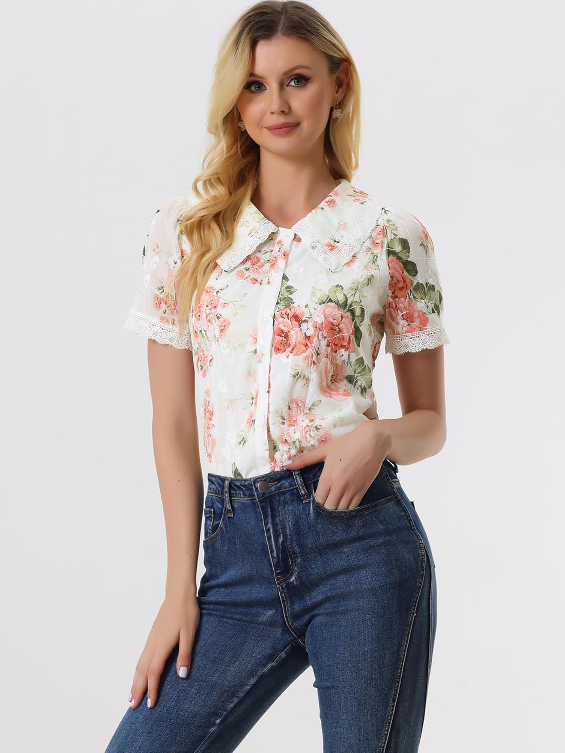 Allegra K Women's Peter Pan Collar Shirt Lace Trim Floral Embroidered 1940s Peasant Blouse - Image 2