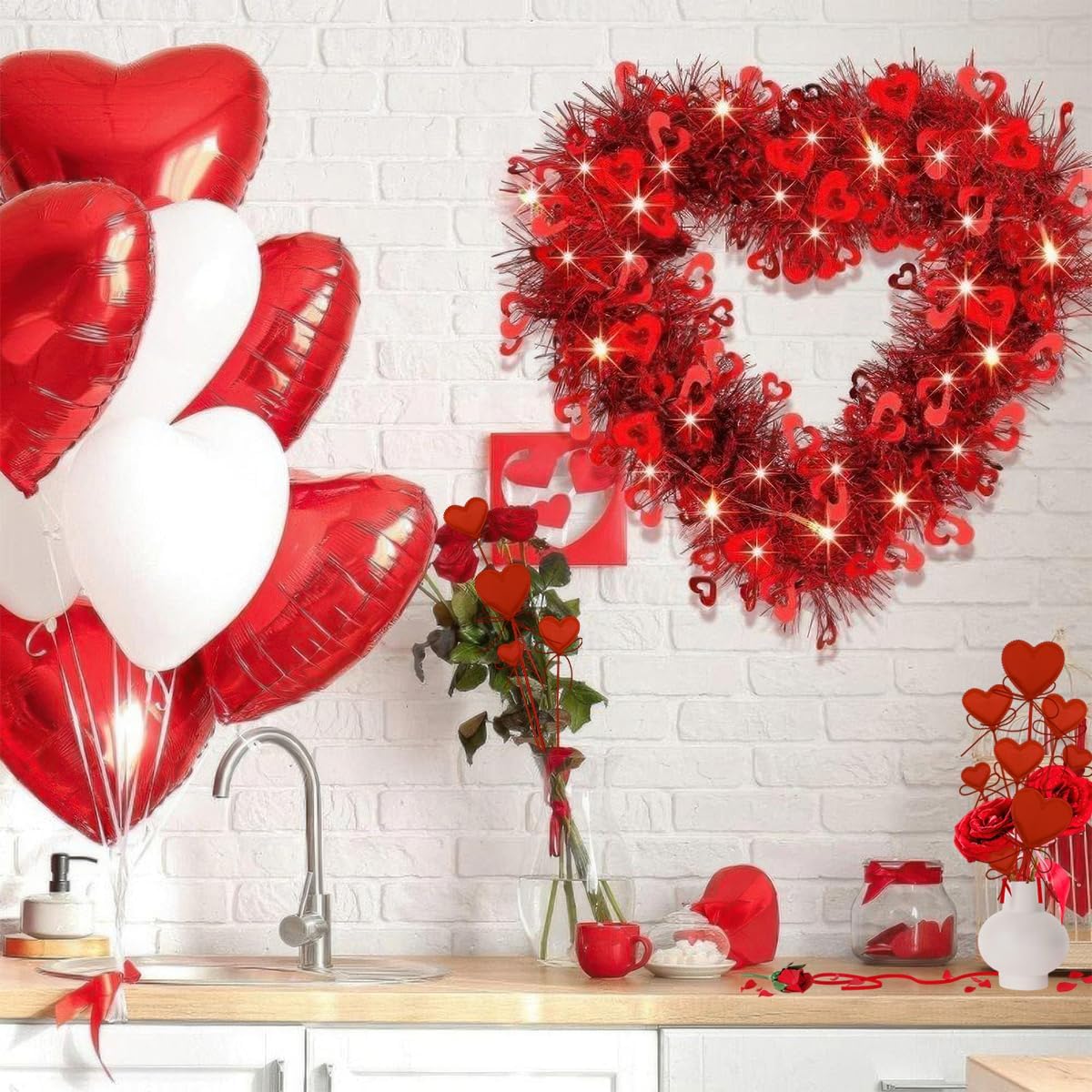 12 Pcs Valentine's Day Heart Picks Red Love Bowknot Heart Shaped Flower Stems Floral Fairy Wand Sticks for Valentine Wedding Anniversary Mother's Day Party Supplies