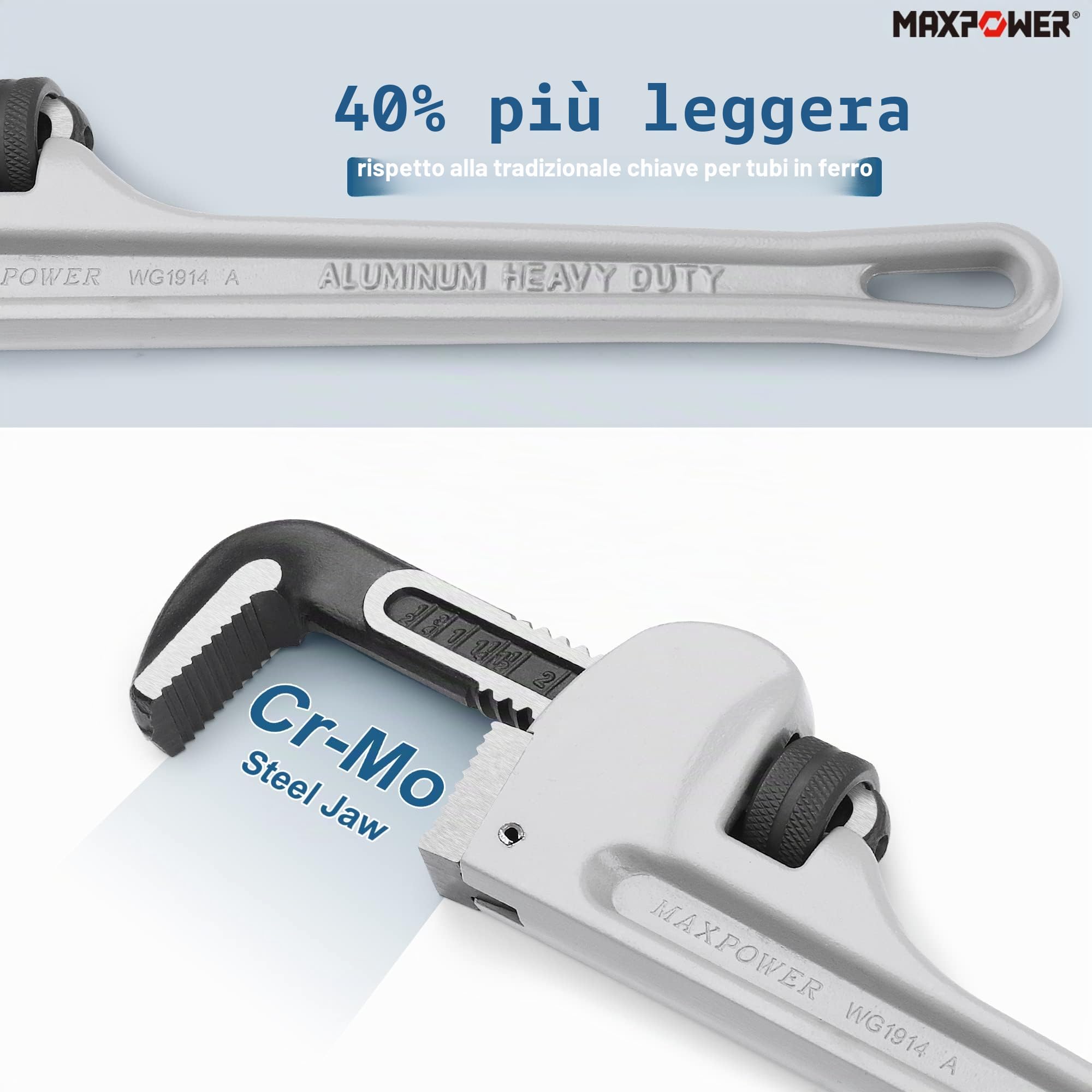 MaxPower Chiave per Tubi Dritta in Alluminio, Chiave per Idraulica da 35,5 cm, Diametro di Serraggio da 48mm