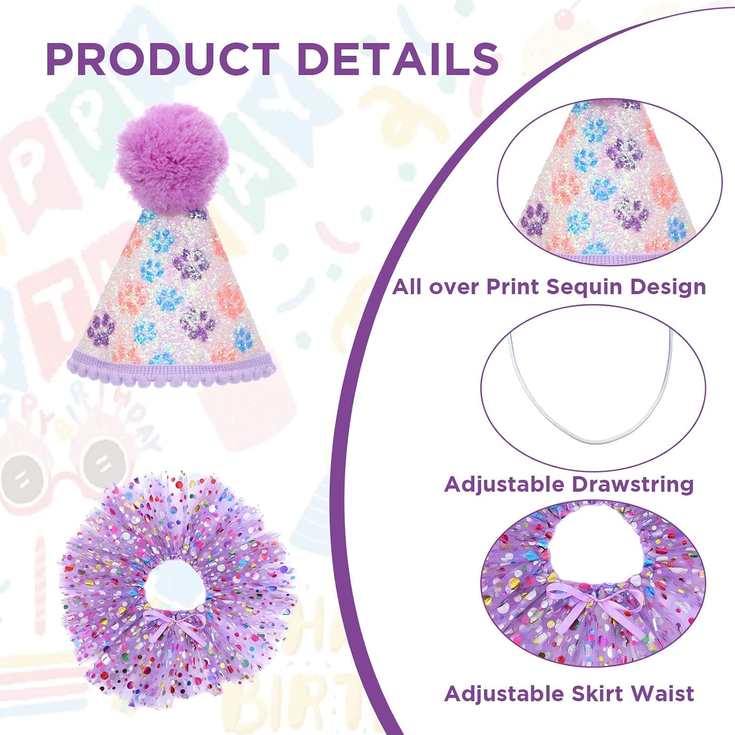 Dog Birthday Bandana with Hat and Dress Girl Set Purple, Light Purple image 3