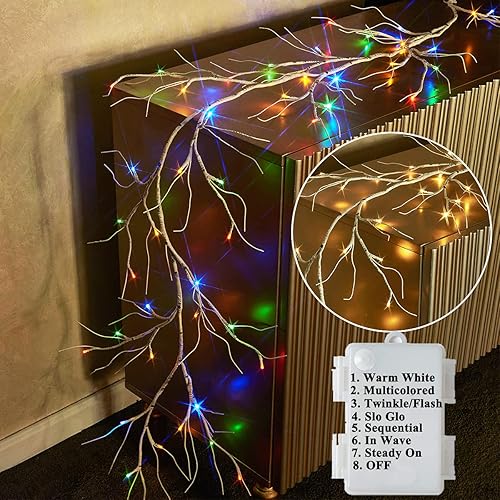 Miniatura 4 de LITBLOOM - Guirnalda de abedul iluminada, funciona con baterías, 8 funciones, 48 luces multicolor y blanco cálido, de 6 pies, para la decoración del