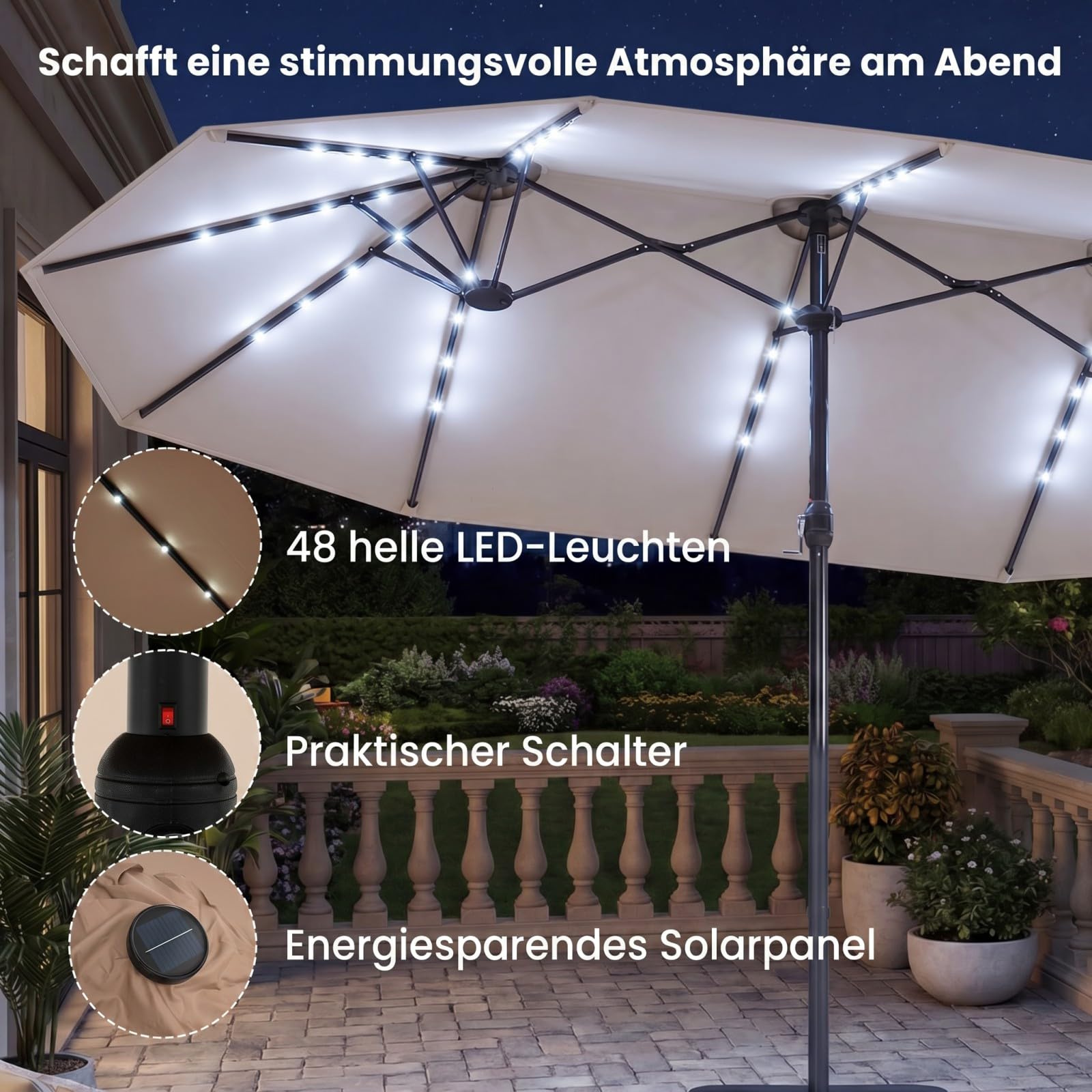 COSTWAY Doppelsonnenschirm mit Ständer und LED-Solar-Beleuchtung, 450 x 260 cm, Sonnenschirm Groß XXL, UPF 50+, Gartenschirm mit Kurbel, Terrassenschirm, Marktschirm für Garten, Terrasse, Beige