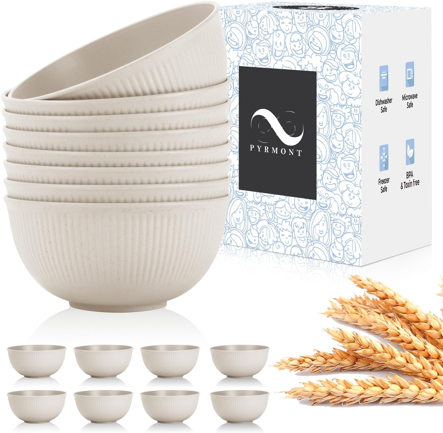 PYRMONT Wheat Straw Bowls 26 OZ Plastic Bowls Reusable, Unbreakable Soup Bowls, Bowl Set of 8, Cereal Bowl, Small Bowls for Kitchen, Dishwasher & Microwave Safe Bowls, BPA-Free (Beige)