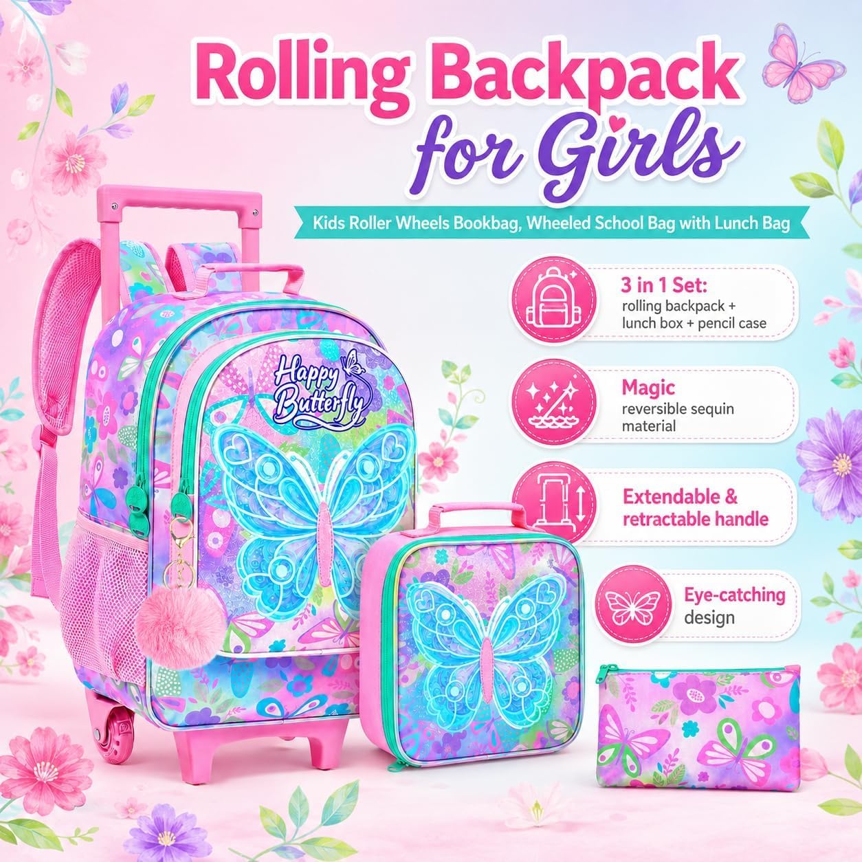 CCJPX 3Pcs Butterfly Rolling Backpack for Girls, 18" Kids Wheeled Bookbag with Lunch Box, Lightweight Roller School Bag for Elementary Preschool (Pink)
