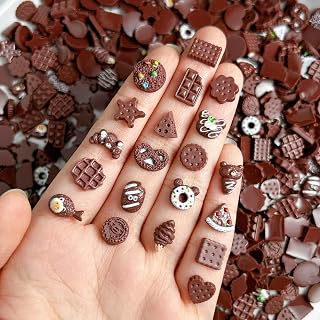 50PCS Chocolate Color Nail Charms Mixed Resin Biscuit Bread Flat Nail Art Charms Bear Cookies Cake Donuts Nail Supplies Multiple Types Mini Cute Nail Diamonds for Women DIY Manicure Decor