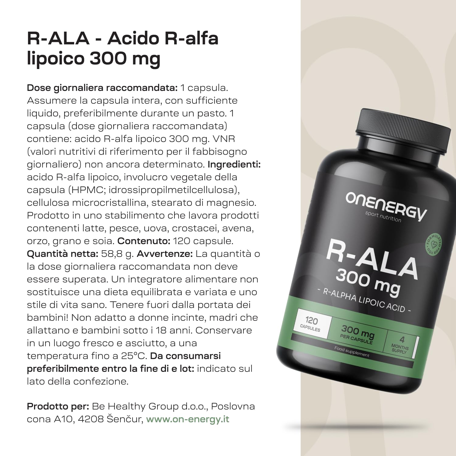 R-ALA - Acido R-alfa Lipoico 300 mg - 120 Capsule Vegetali - Alto Contenuto e Qualità - Potenziamento Energetico - Vitalità - Fornitura per 4 Mesi - Ottimo per Atleti