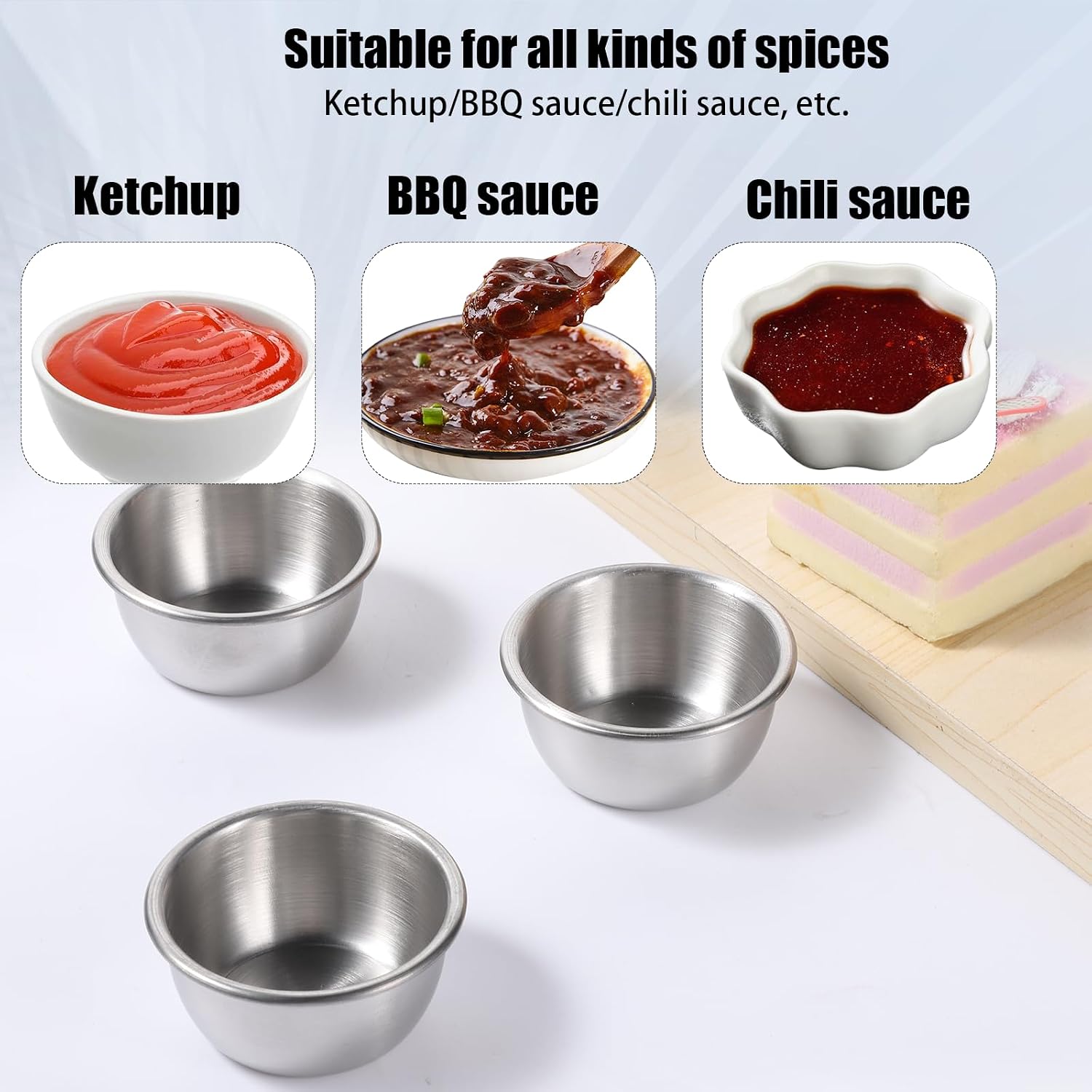 6 PCS Metal Ramekins 2 Oz Sauce Bowls, Mini Dipping Sauces Cups Reusable, 2 Oz Stainless Steel Sauce Dishes, Mini Dip Bowls Sauces Containers Condiment Cups for Ketchup Home Party Restaurant Kitchen