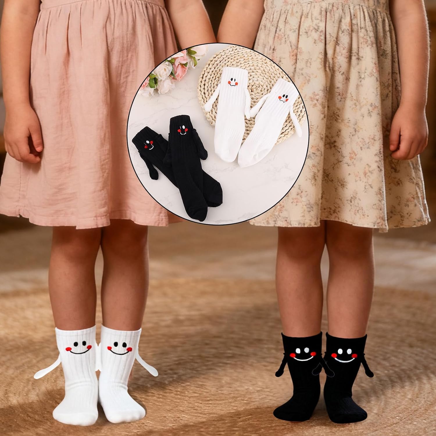 2 Pairs Magnetic Holding Hands Socks for Kids, Funny Gift Smile Face Mid-Tube Novelty Magnet Sock Crazy Silly Odd Slipper Socks for Friends Sisters Brothers Children Toddler 3-5T (White, Black)