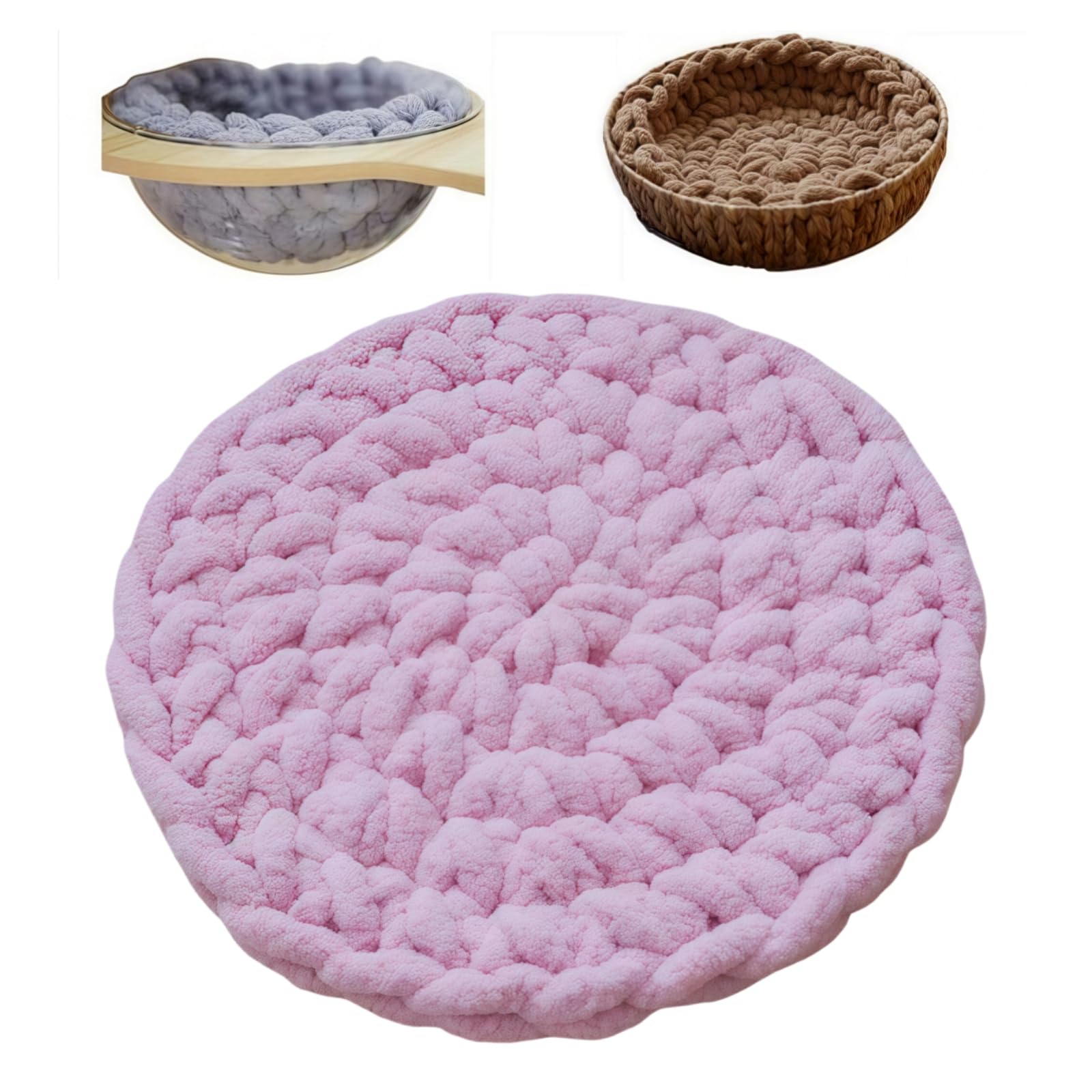UzeEnde Handwoven Round Cat Bed Mat – Boho Soft Knitted Woven Pet Cushion for Sleeping Kneading Nest Cozy Pad for Capsule Beds Cat Trees Crates Sofa Lounging All Season (50CM,Pink)