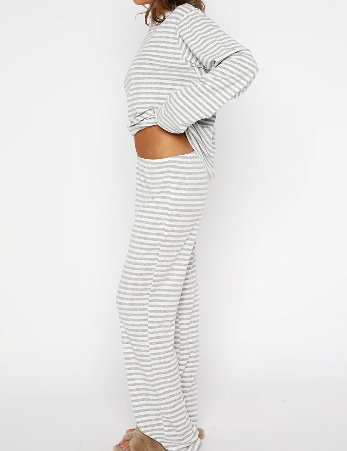 MISSACTIVER Women's Striped 2 Piece Lounge Set Casual Long Sleeve T-Shirt Drawstring Wide Leg Pants Matching Pajamas Set - Image 2