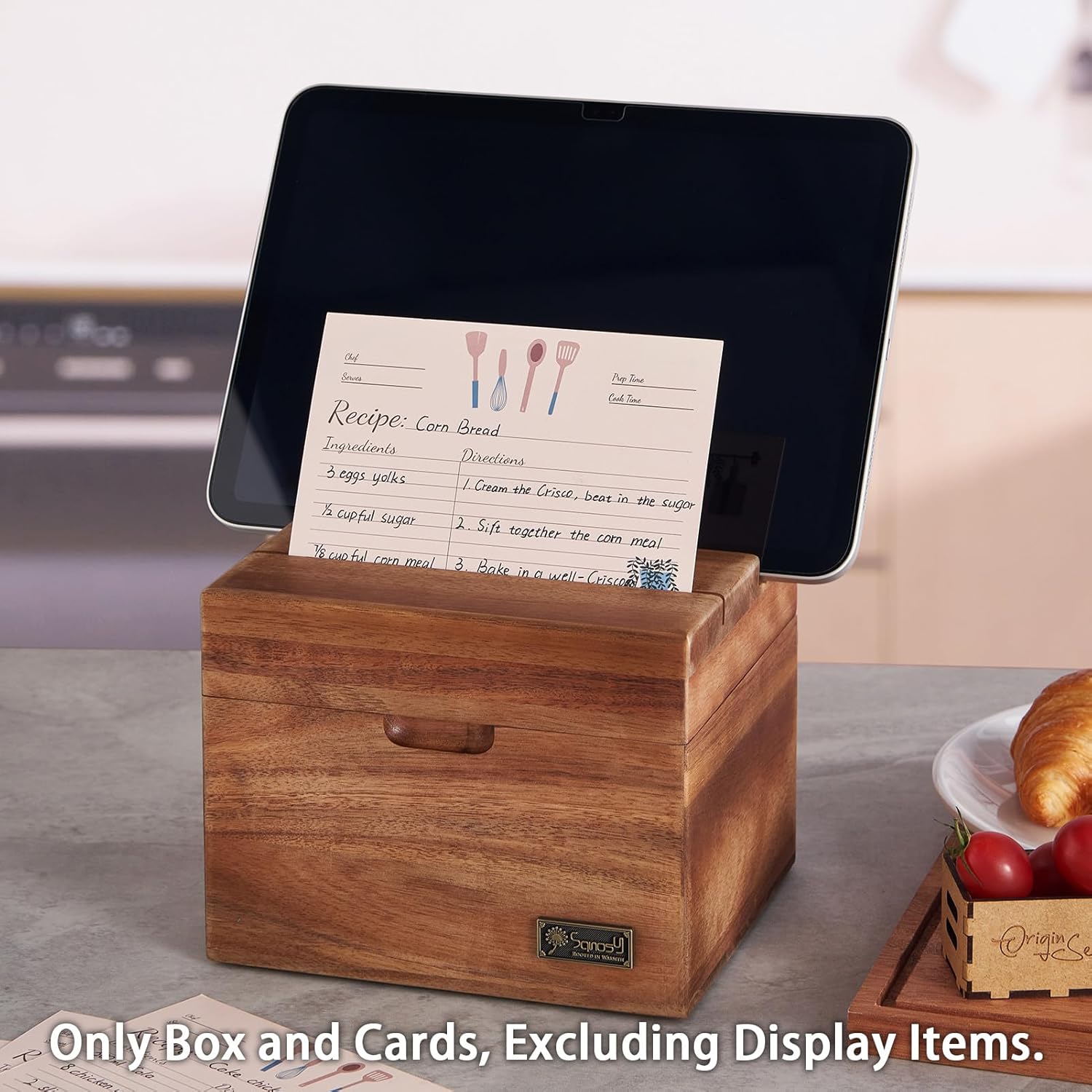 Acacia Wood Recipe Box with Phone Holder & Built-In Recipe Slot - Organizer Set with 100 4x6 Cards, Double Compartment, No Assembly Required - Gift for Cooking Lovers