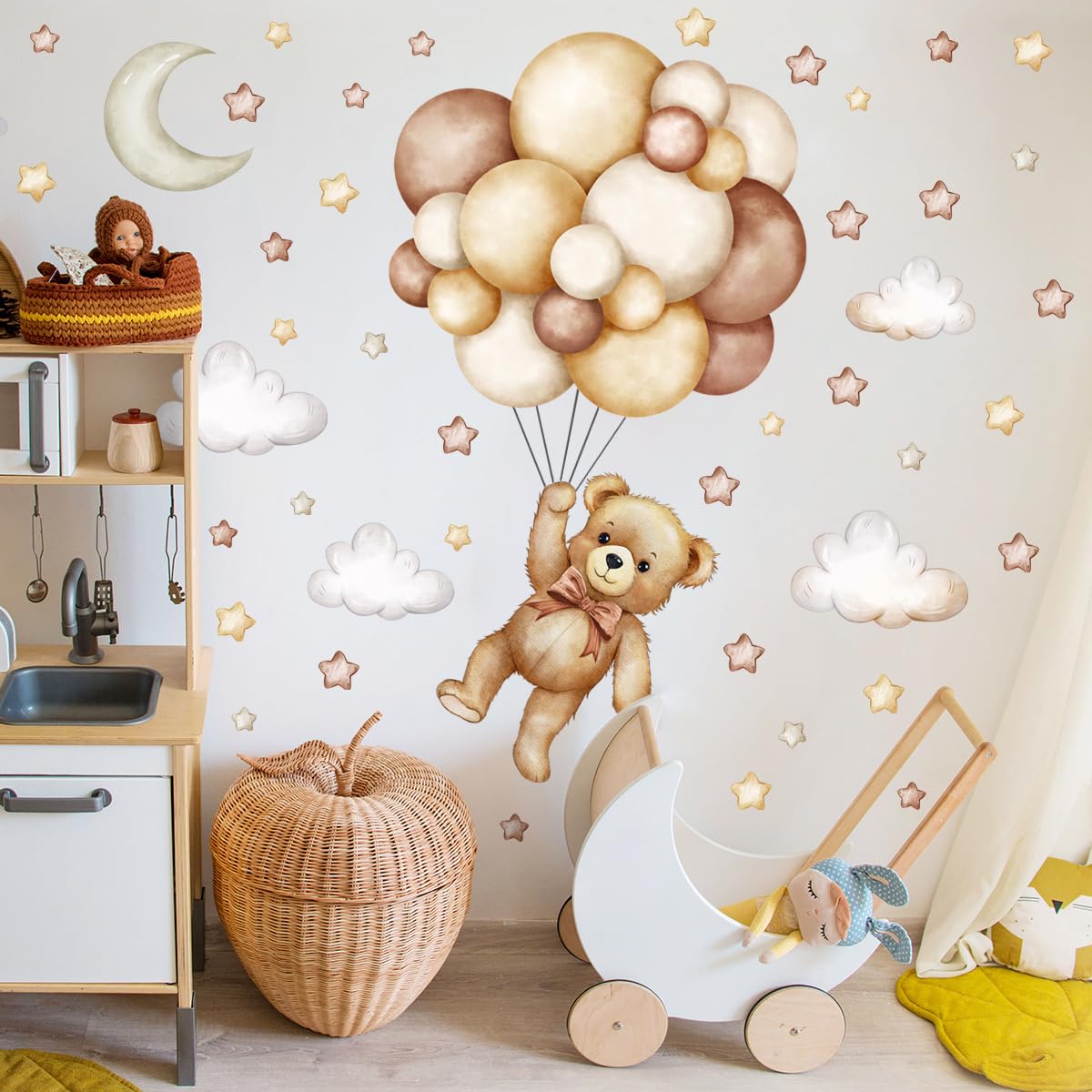 Calcomanías de pared de oso de peluche, diseño de globo aerostático, estrella, luna, nube, calcomanías de pared para habitación de niños, habitación de niños y niñas, decoración de habitación de bebé