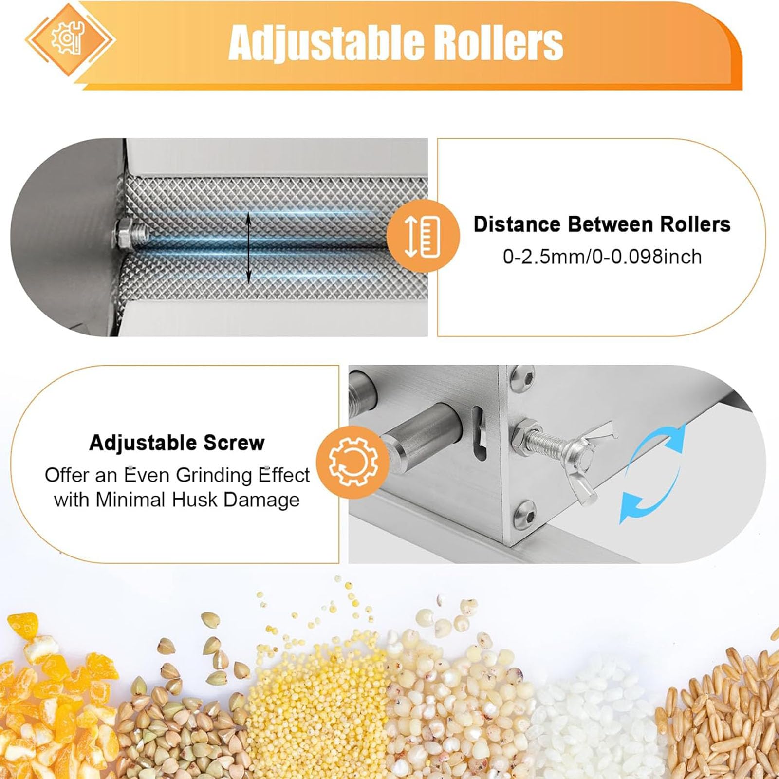 Broyeur à grains 4L, distance de rouleau réglable 0-2,5 mm