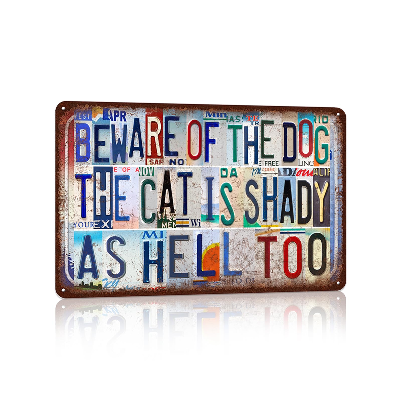 peiyeety Vintage Metal Tin Signs Wall Decor for Dog Lover 12 x 8 Inches - Beware Of The Dog The Cat Is Shady As Hell Too