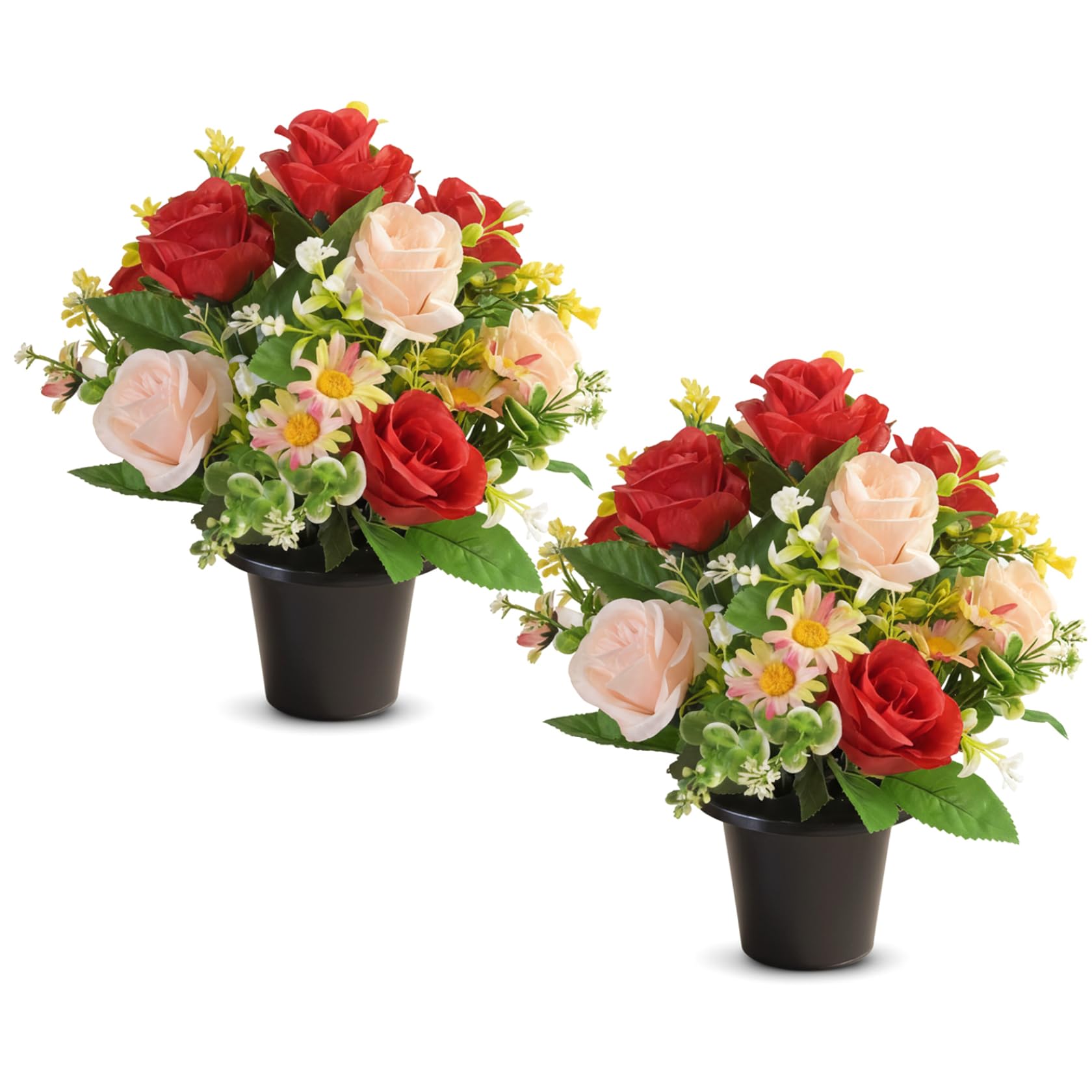 Roses de soie mémoriales en pot, 2 fleurs artificielles de cimetière rouge champagne