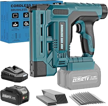 Cordless Nail Gun Battery Powered, 18 Gauge 2 in 1 Brad Nailer & Staple Gun, Electric Nail Gun with 1000pcs Nails & 1000pcs Staples for Wood, Upholstery & DIY Projects, Depth Adjust