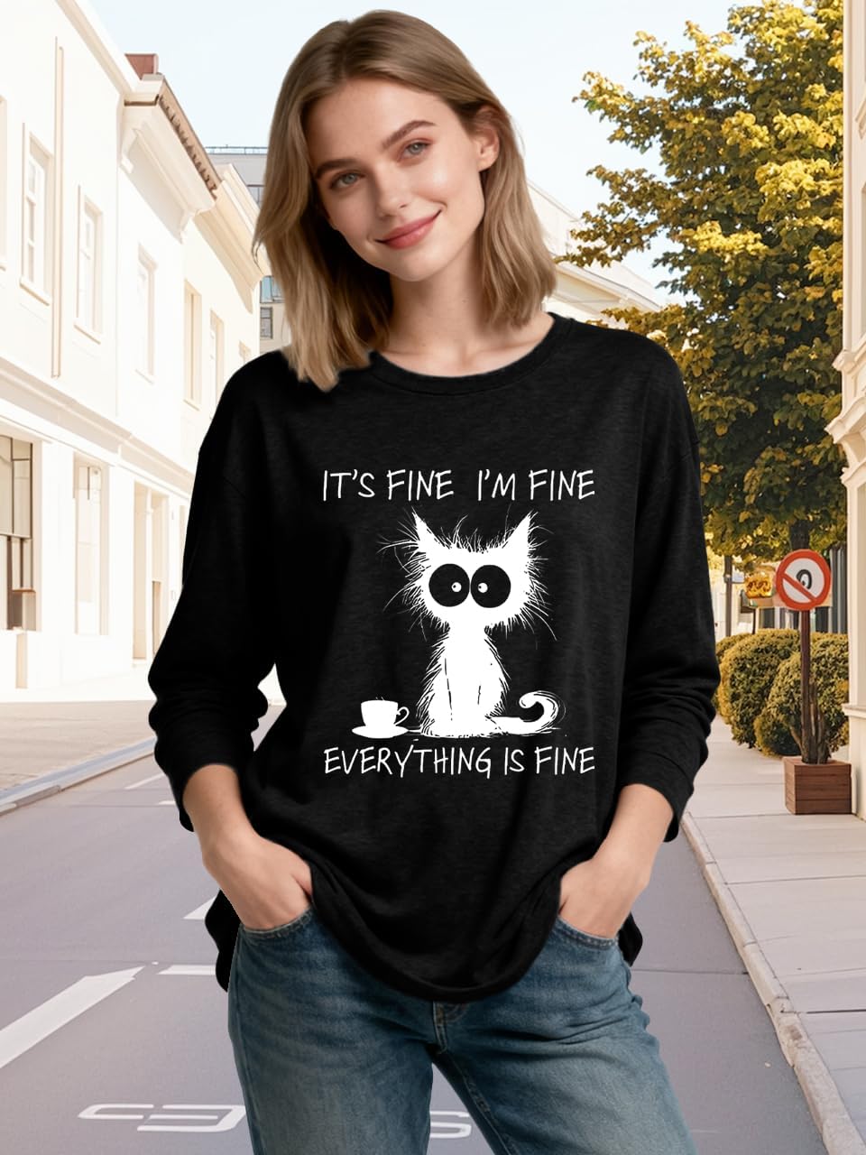 Womens Funny Saying I'm Fine Everything is Fine Sweatshirt Humor Graphic Tee Casual Loose Long Sleeve Cute Cat Tops - Image 3