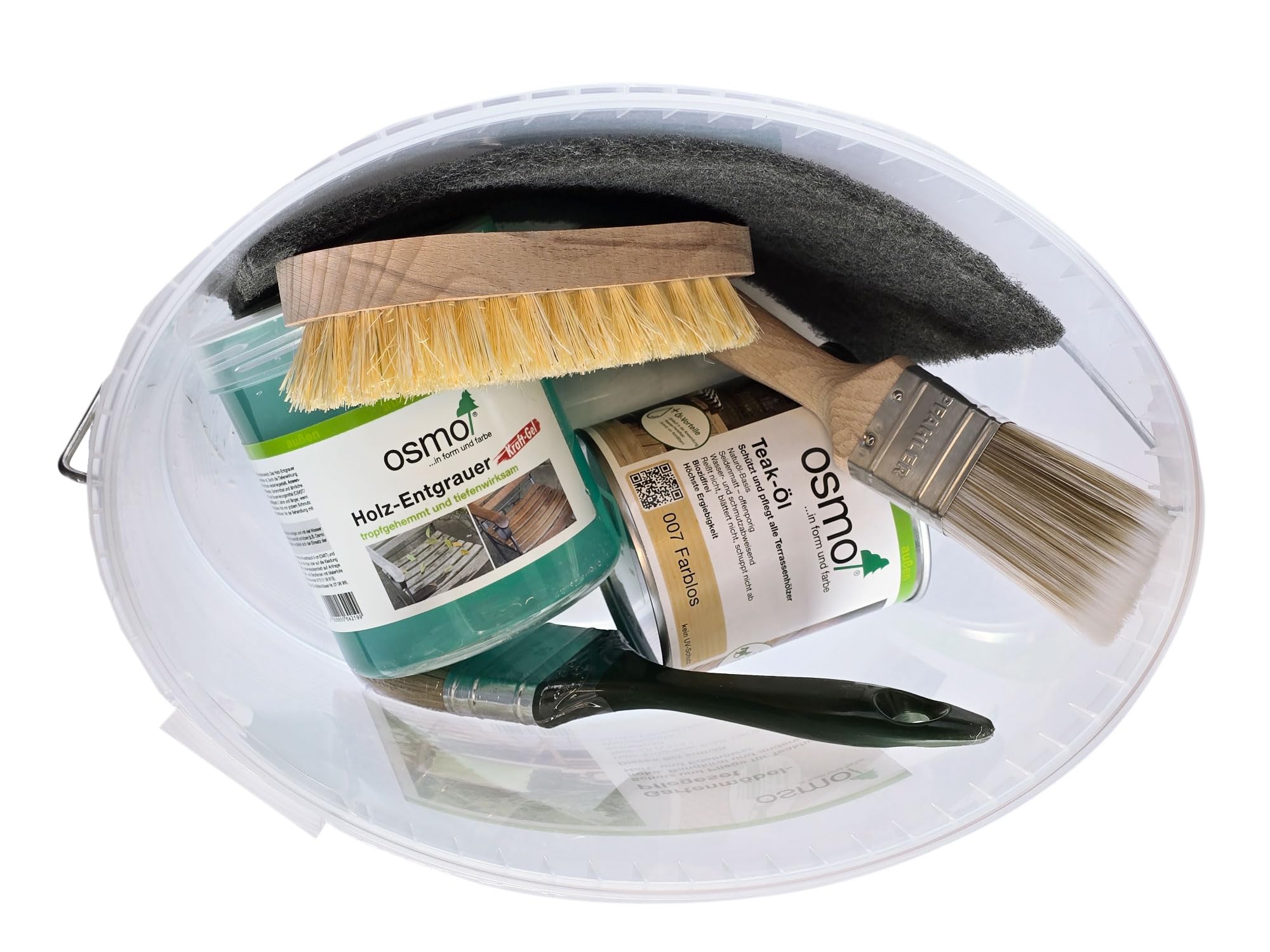 Osmo Gartenmöbel Pflegeset Holz-Entgrauer 500 ml Teak-Öl 007 0,375 l Schleifvlies Wurzelbürste Flächenstreicher 50 mm PFAHLER-Pinsel