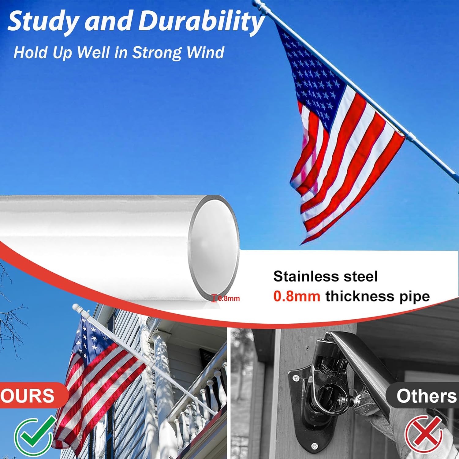 Flag Pole - Upgraded Bracket Holder,6 FT Heavy Duty Metal Flag Pole for Outside House, Non Tangle Flag Poles for 3x5 Flags Outdoor,Residential Commercial Wall Mount for Outdoor Porch, 2 Pack