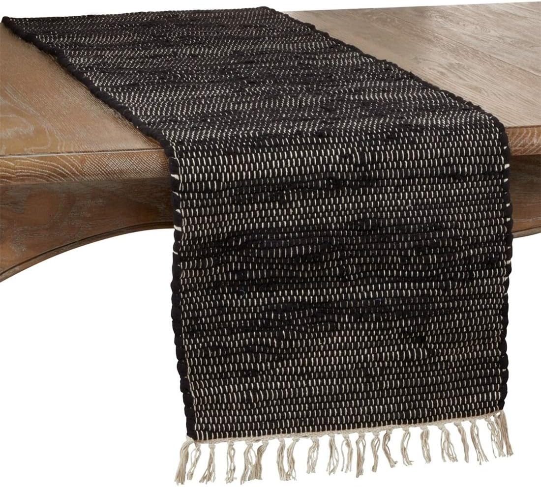 Fennco Styles Unique Tasseled Chindi Design 100% Cotton Table Runner 16 x 72 Inch - Black Table Runner for Home Décor, Dining Table, Banquets and Special Occasion