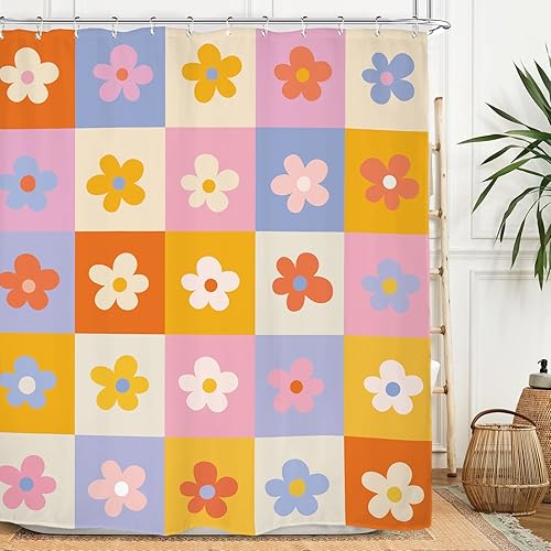 Miyotaa 70s Groovy Funky - Juego de cortina de ducha de 60 pulgadas de ancho x 71 pulgadas de alto, colorido, retro, a cuadros, moderno, pastel,