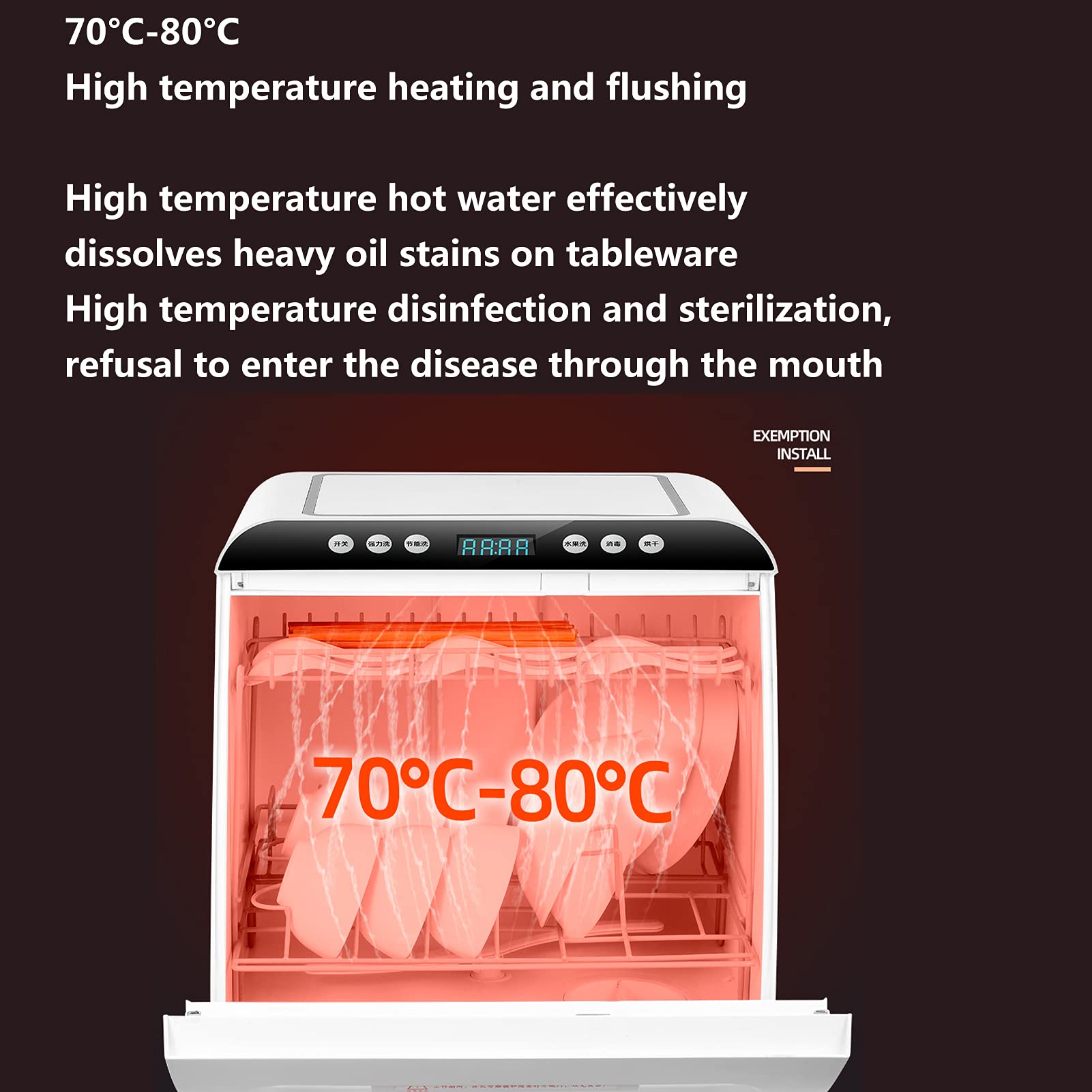 Lavavajillas de sobremesa Independiente Compacto Lavavajillas de sobremesa con ozono 5 programas Control táctil Pantalla LED Rociador Giratorio 360° Azimut para