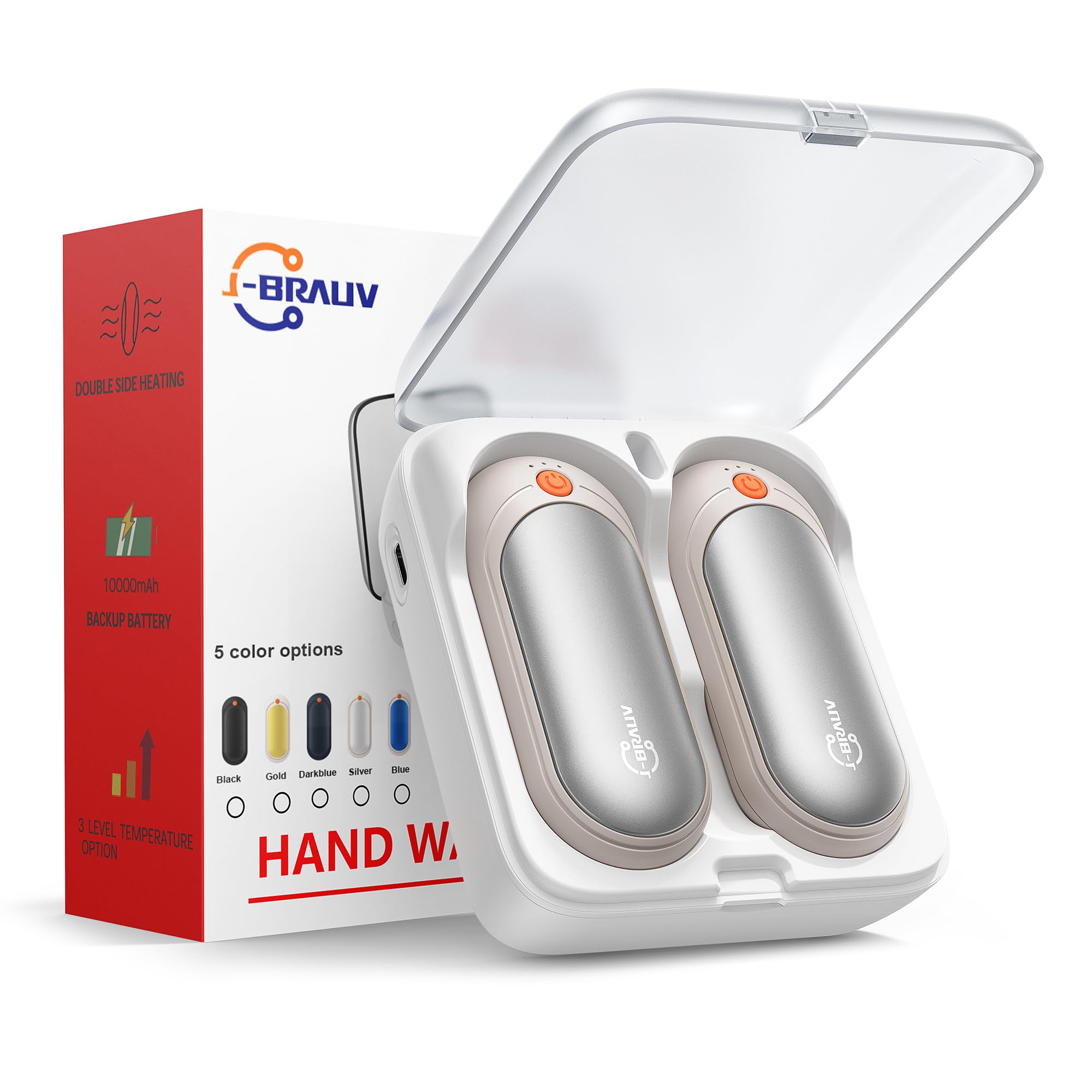 Scaldamani Elettrici Ricaricabili – 2 Pezzi Con Custodia 10000mAh, 5 Livelli Temperatura, Riscaldamento Rapido 2 Secondi