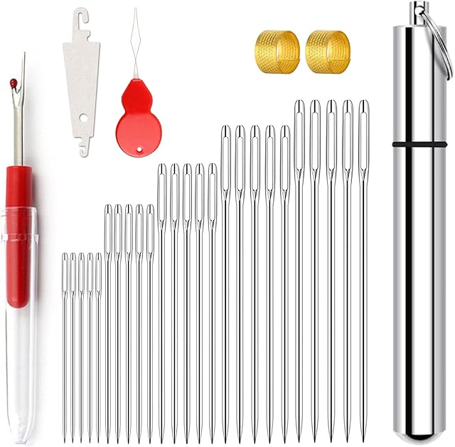 Redamancy Large Eye Needles, Hand Sewing Needles, 25 Pcs Sharp Sewing Needles Easy Thread, 5 Sizes Big Eye Embroidery Needles in Aluminum Storage Tube, 1 Seam Rippers, 2 Thimble, 2 Needle Threaders